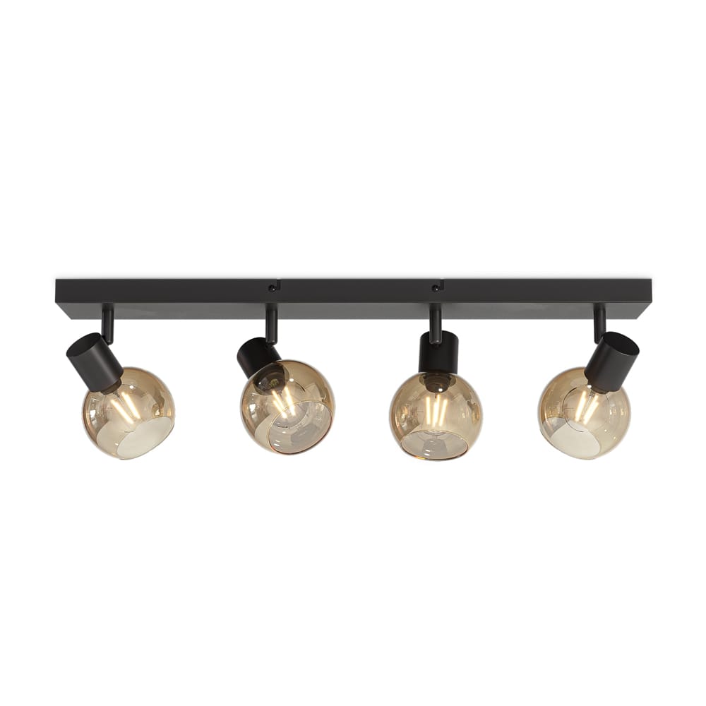 Glazura - LED Plafondlamp 4 spots - Glazen bollen - Amber glas - Zwart - E14 fittingen | HOFTRONIC