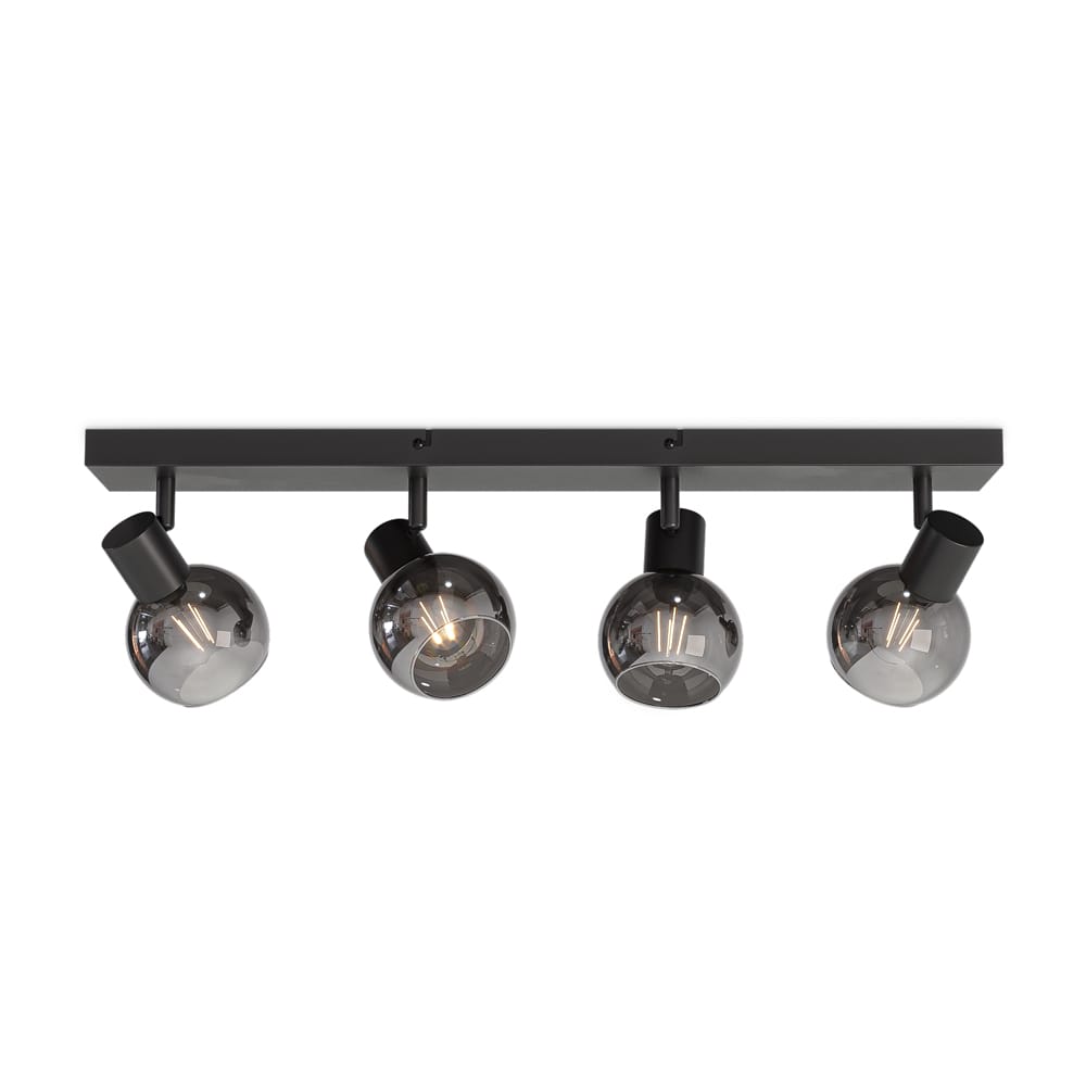 Glazura - LED Plafondlamp 4 spots - Glazen bollen - Smokey glas - Zwart - E14 fittingen | HOFTRONIC