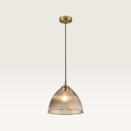 Hanglamp Ciotola ambra pendente - Koepelvormige bol van geribbeld amberkleurig glas en metalen gouden drager - Zonder lichtbron | LUSENZ