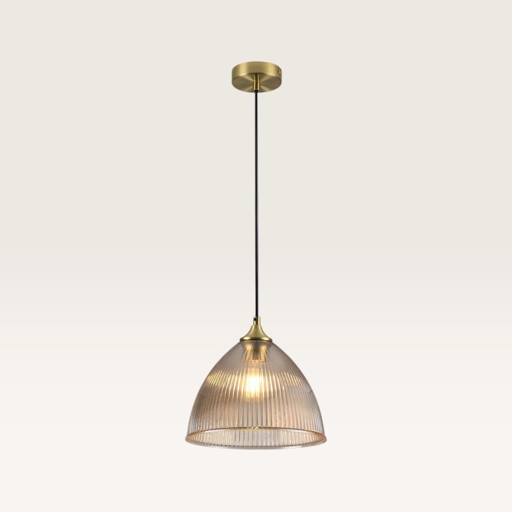 Hanglamp Ciotola ambra pendente - Koepelvormige bol van geribbeld amberkleurig glas en metalen gouden drager - Zonder lichtbron | LUSENZ