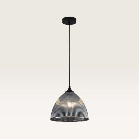 Hanglamp Ciotola vetro fumé pendente - Koepelvormige bol van geribbeld rookglas en metalen zwarte drager - Zonder lichtbron | LUSENZ