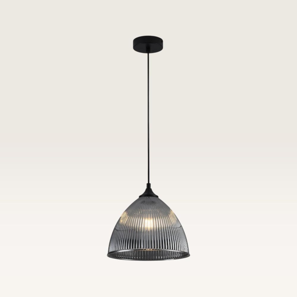 Hanglamp Ciotola vetro fumé pendente - Koepelvormige bol van geribbeld rookglas en metalen zwarte drager - Zonder lichtbron | LUSENZ