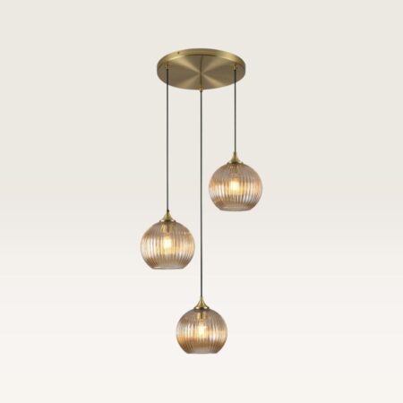Hanglamp Ovale pendente ambra III - Drie bollen van geribbeld amberkleurig glas met een speels effect - Zonder lichtbron | LUSENZ