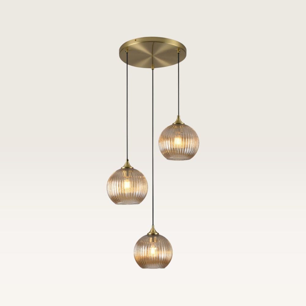 Hanglamp Ovale pendente ambra III - Drie bollen van geribbeld amberkleurig glas met een speels effect - Zonder lichtbron | LUSENZ