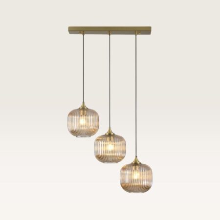 Hanglamp Virello ambra III - Drie bollen van geribbeld amberkleurig glas met een speels effect - Zonder lichtbron | LUSENZ