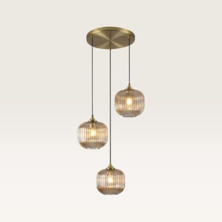 Hanglamp Virello ambra pendente - Drie bollen van geribbeld amberkleurig glas met een speels effect - Zonder lichtbron | LUSENZ