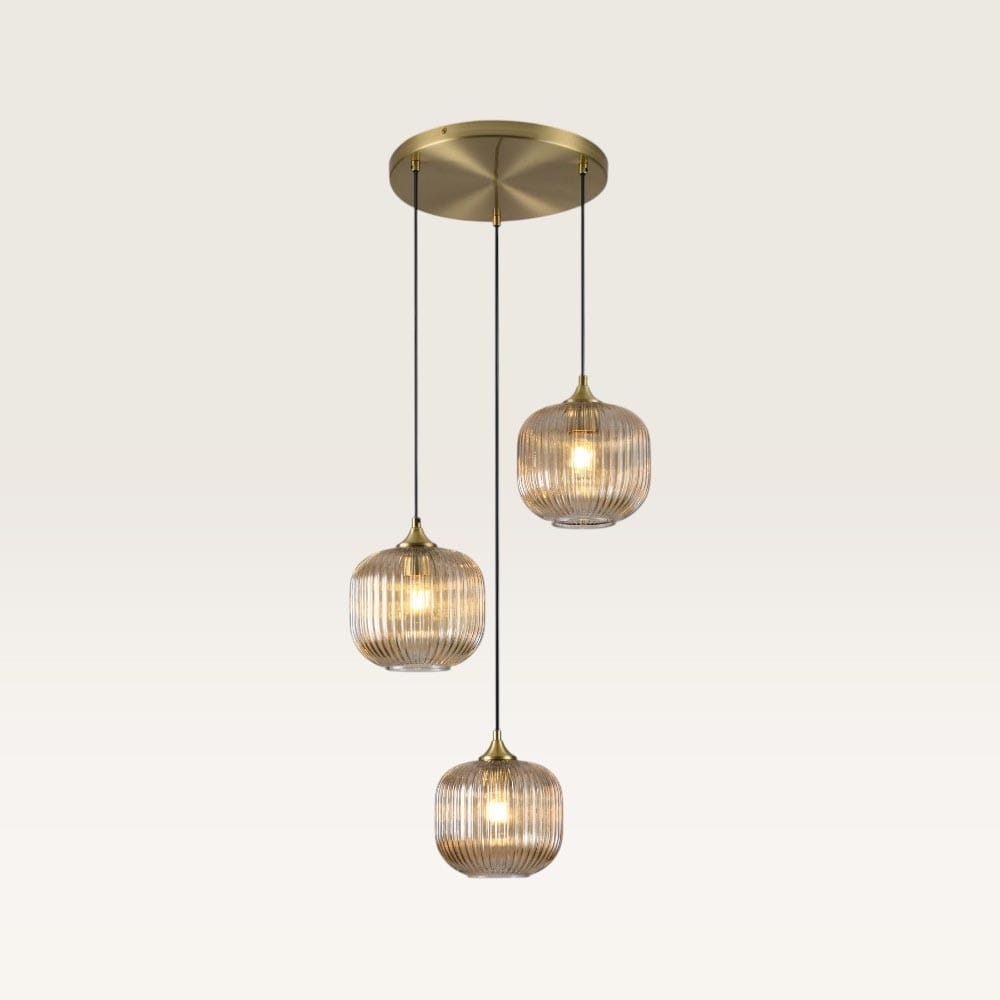 Hanglamp Virello ambra pendente - Drie bollen van geribbeld amberkleurig glas met een speels effect - Zonder lichtbron | LUSENZ