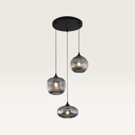 Hanglamp Virello misto vetro fumé IIl - Drie bollen van geribbeld rookglas in verschillende vormen