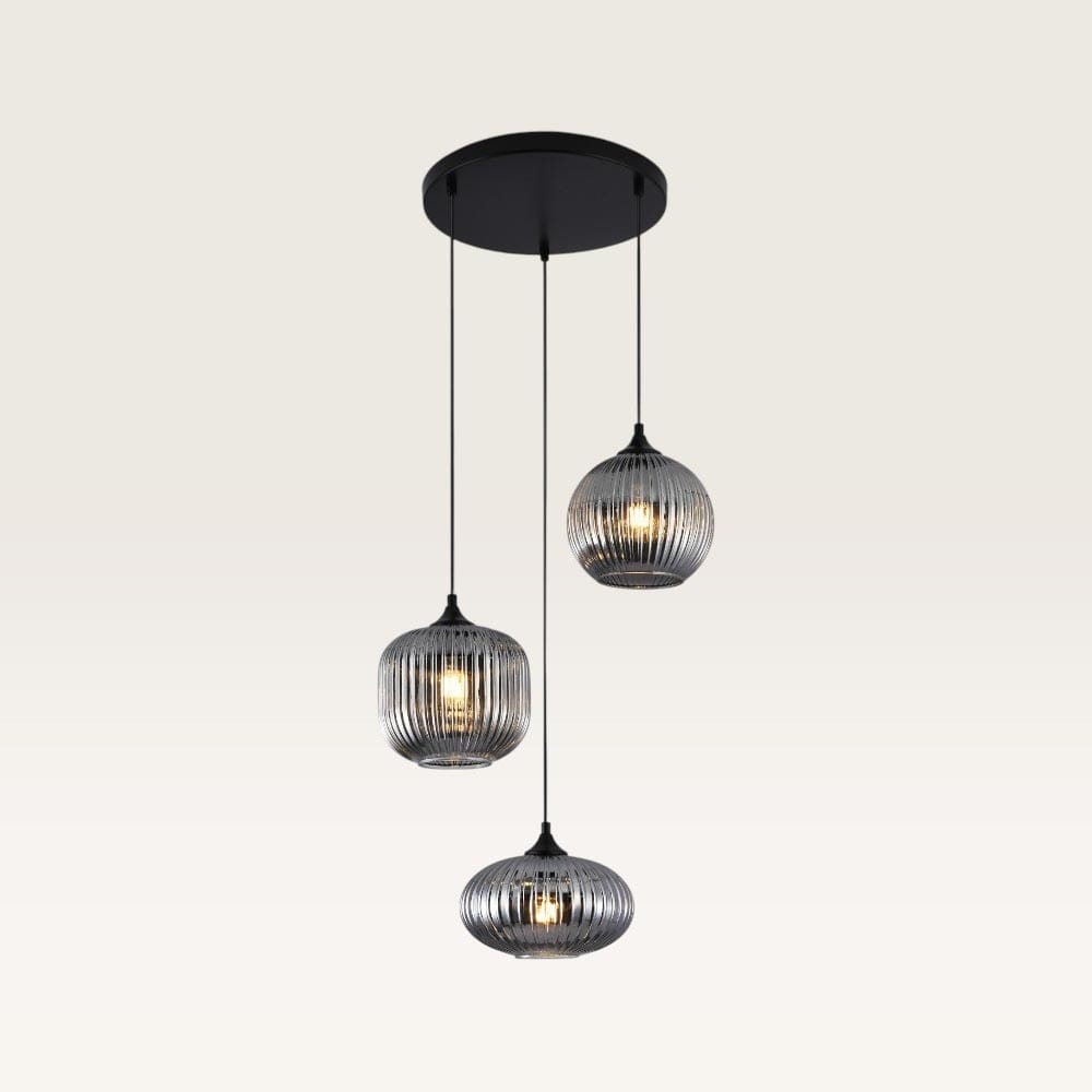 Hanglamp Virello misto vetro fumé IIl - Drie bollen van geribbeld rookglas in verschillende vormen