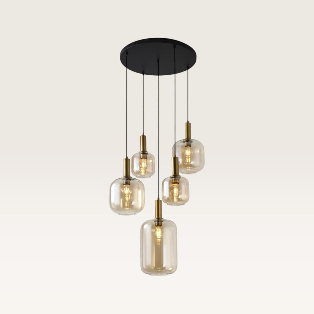 Hanglamp Xirena ambra V - Vijf bollen van amberkleurig glas met een speels effect - Zonder lichtbron | LUSENZ