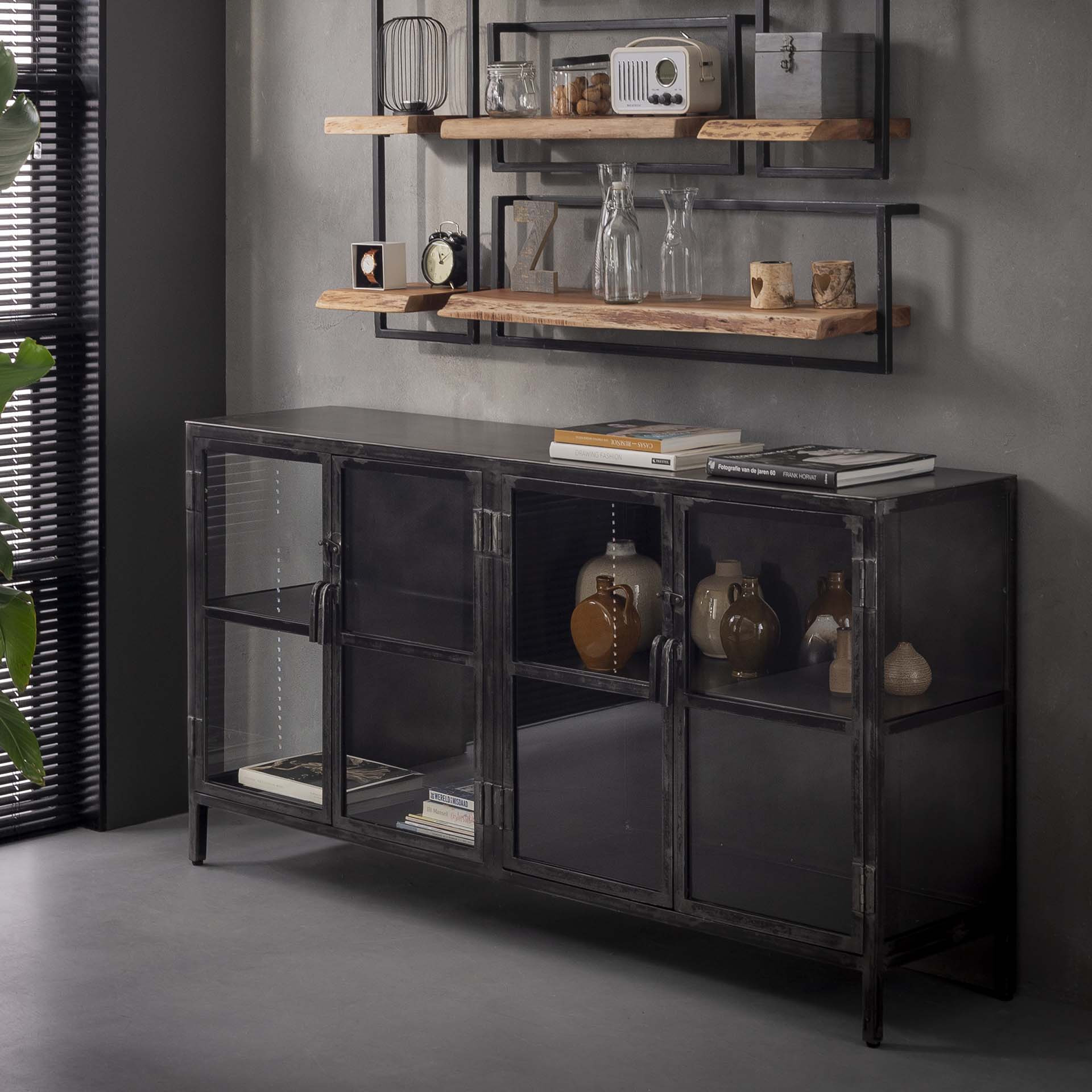 Industrieel Dressoir Rift Metal 180cm met 4 glazen deuren - Gun metal | LifestyleFurn