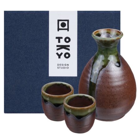 Japanse Sakeset Iga Oribe - Set van 3 - Groen en Bruin | Tokyo Design Studio