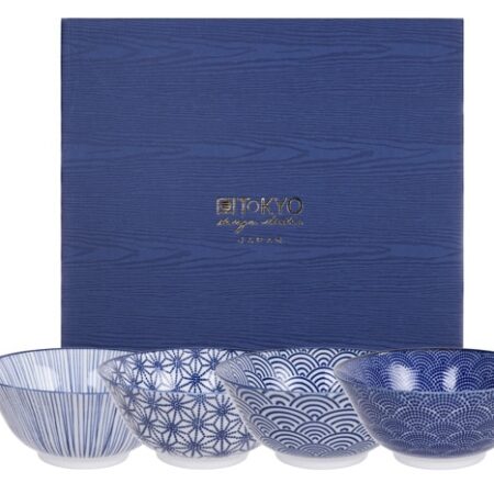 Japanse porseleinen rijstkommen - Nippon Blue - Tokyo Design Studio - 4-delig - 500ml - 15.2 x 6.7cm | Tokyo Design Studio