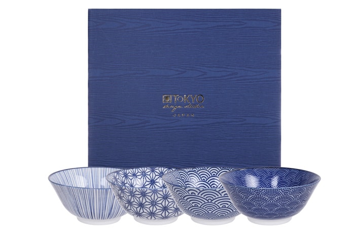 Japanse porseleinen rijstkommen - Nippon Blue - Tokyo Design Studio - 4-delig - 500ml - 15.2 x 6.7cm | Tokyo Design Studio