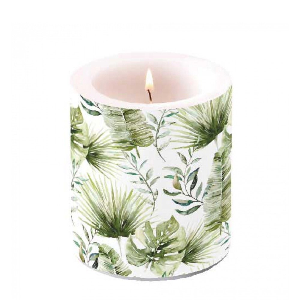 Kaars Jungle bladeren wit M |