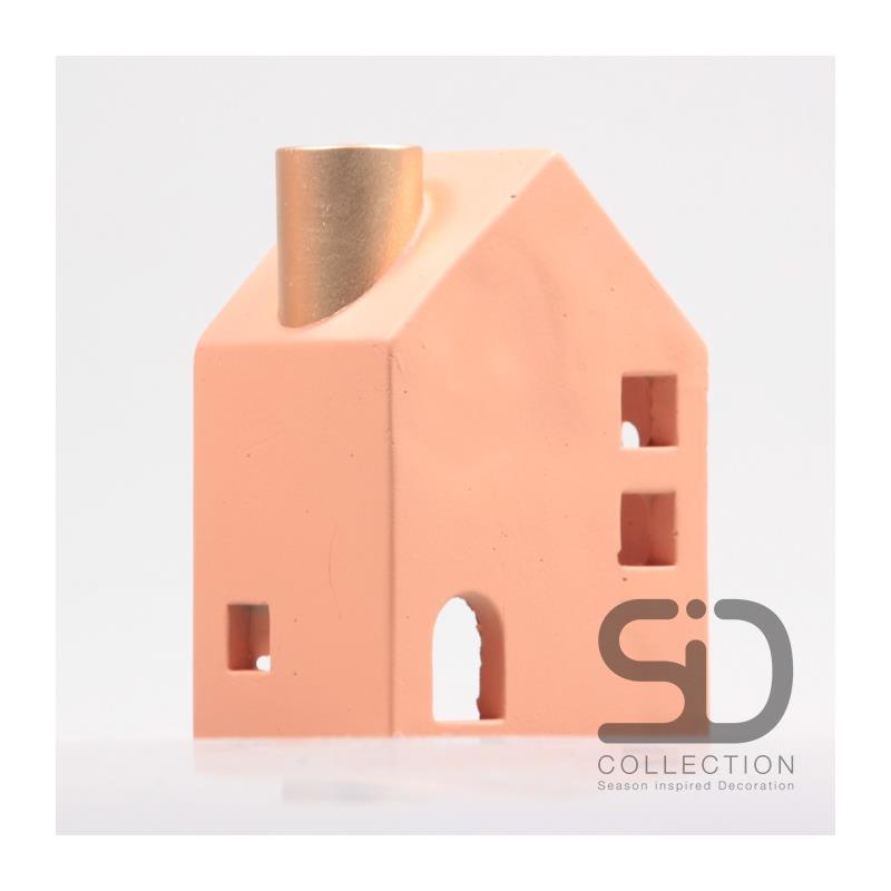 Kandelaar Huisje 11x8x16cm beigerood | Season Inspired Decoration