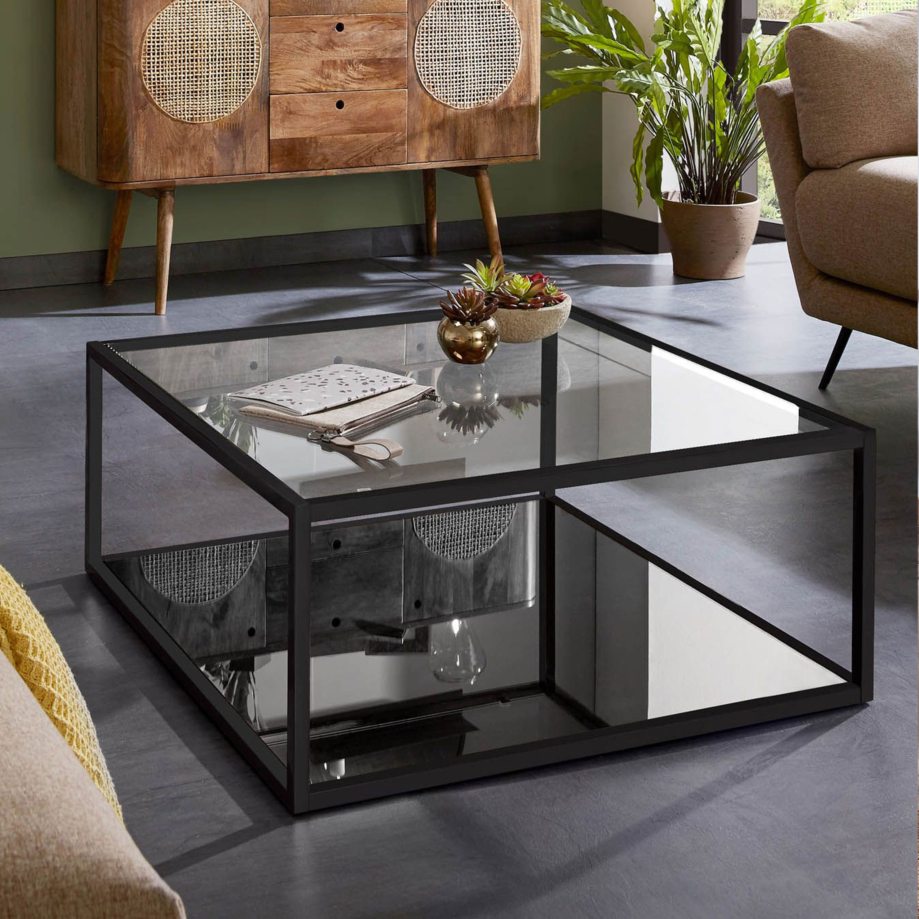 Kave Home Salontafel Blackhill Glas met zwart frame