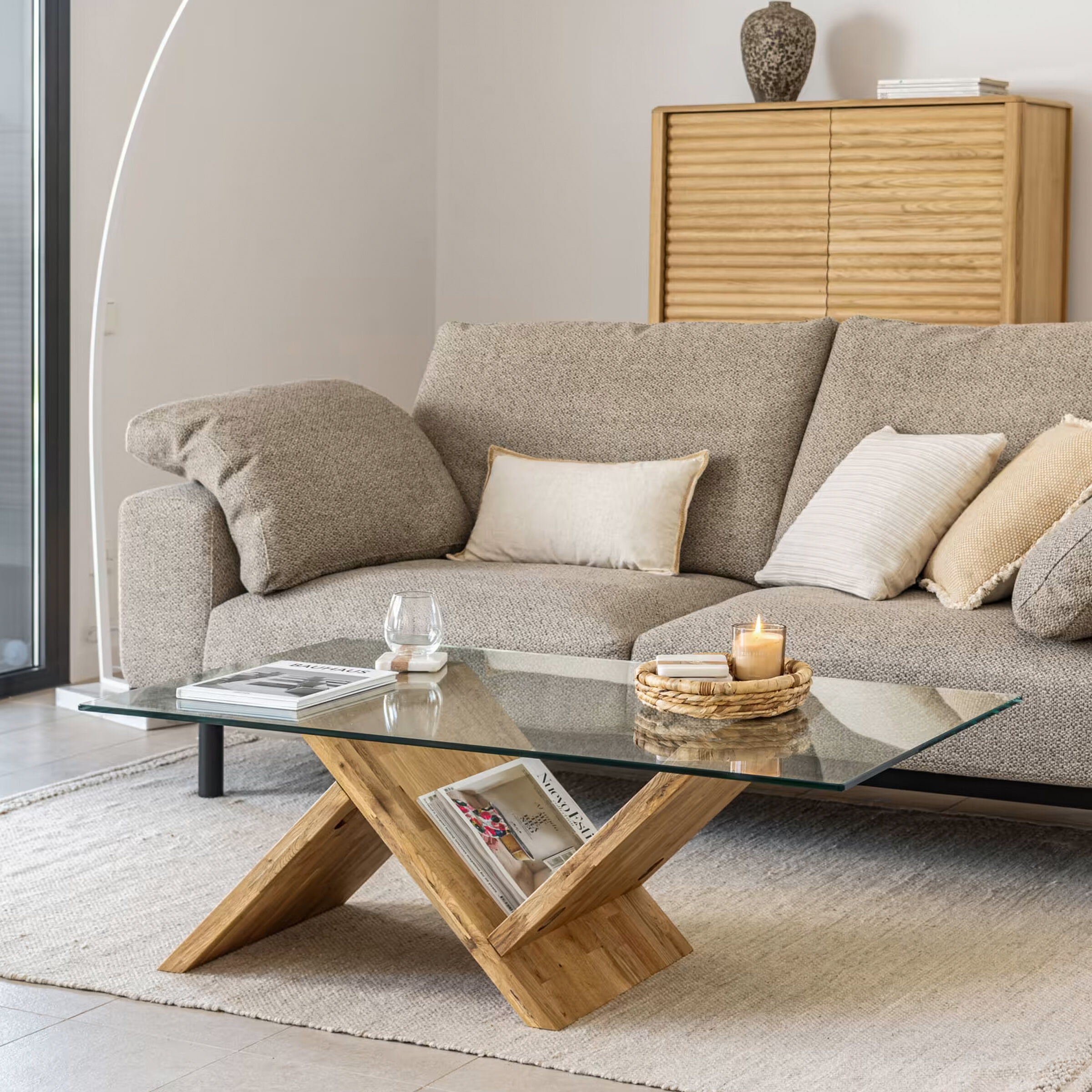 Kave Home Salontafel Waley Eiken met glasplaat