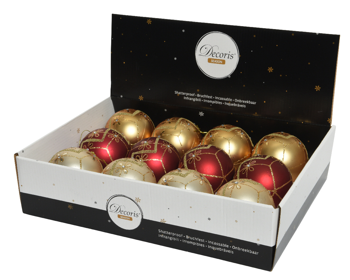 Kerstballen mix 12st pearl/goud/rood | Decoris