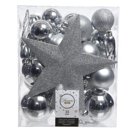 Kerstballenset kunststof mix zilver 32st | Decoris
