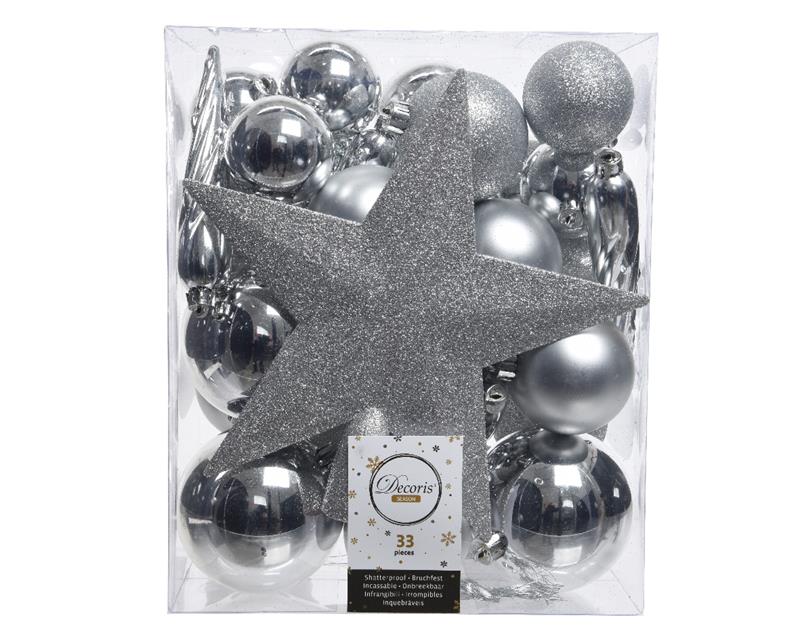 Kerstballenset kunststof mix zilver 32st | Decoris