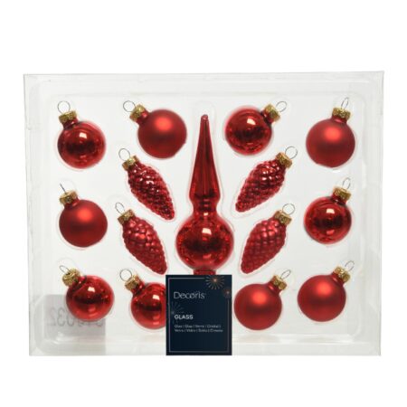Kerstballenset mini glas rood 15-delig | Decoris