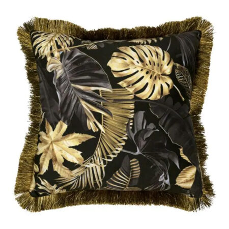 Kussen fluweel gouden franjes Monstera |