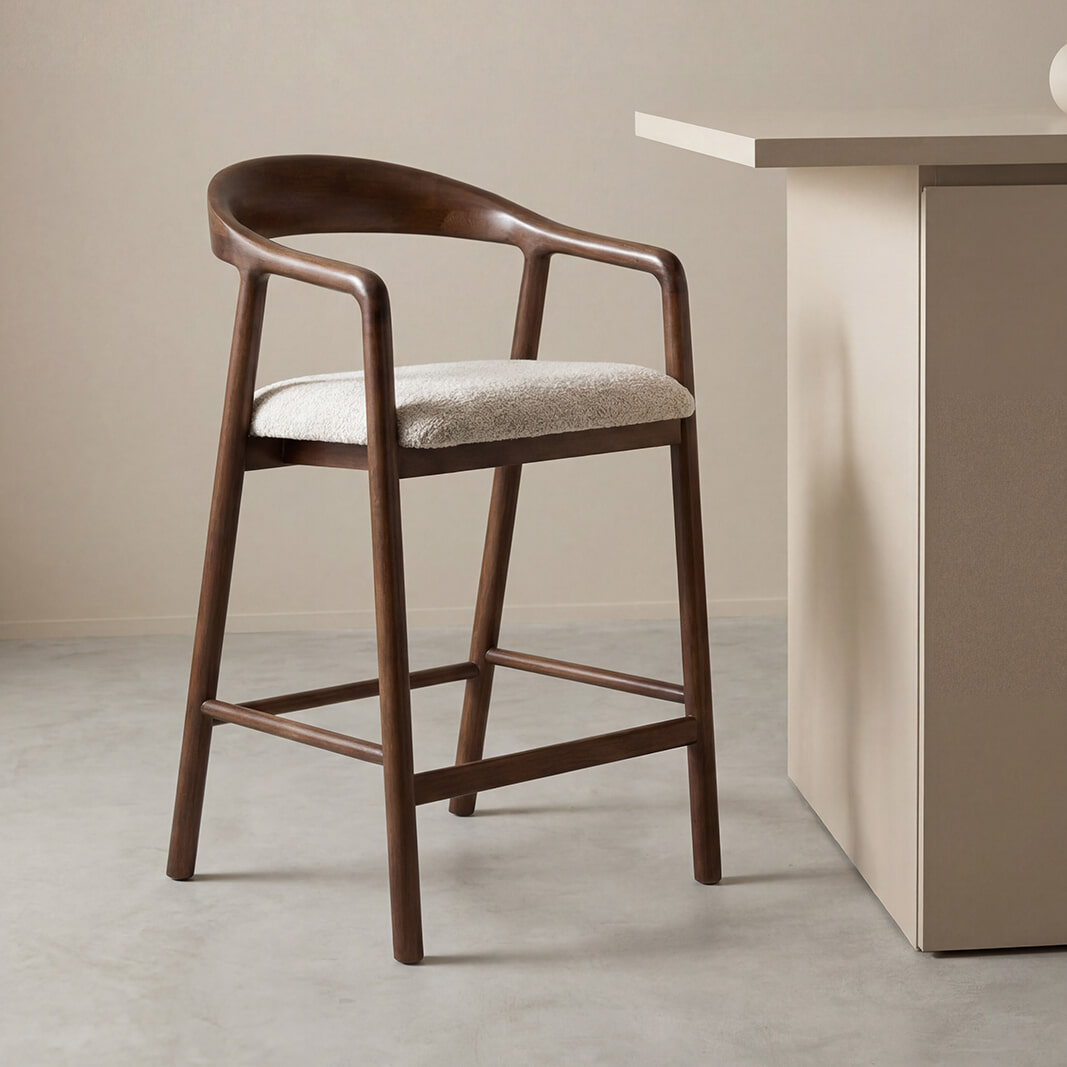 LABEL51 Barkruk Lone Superb-stof en walnoothout - Naturel (zithoogte 60cm) | LABEL51