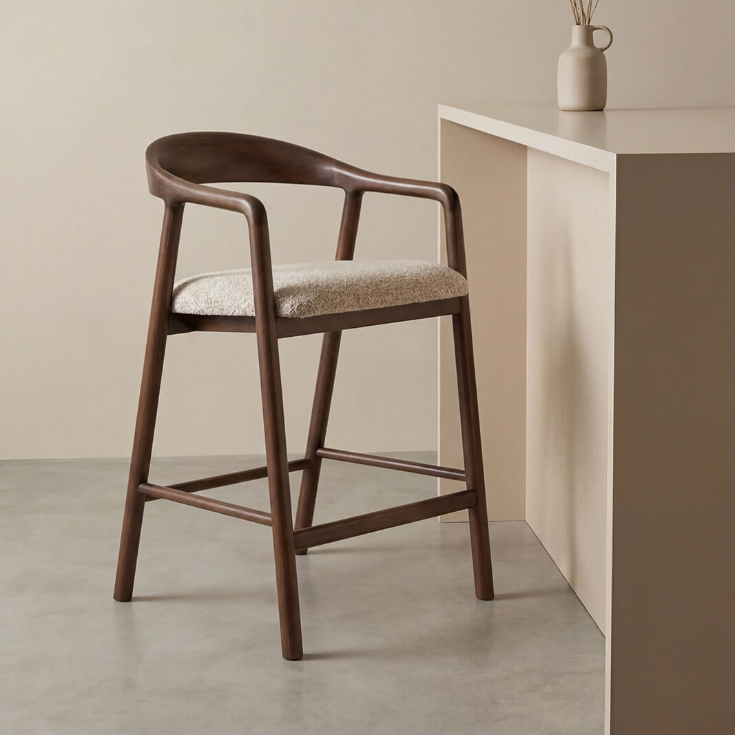 LABEL51 Barkruk Lone Superb-stof & walnoot eiken - Beige (zithoogte 60cm) | LABEL51