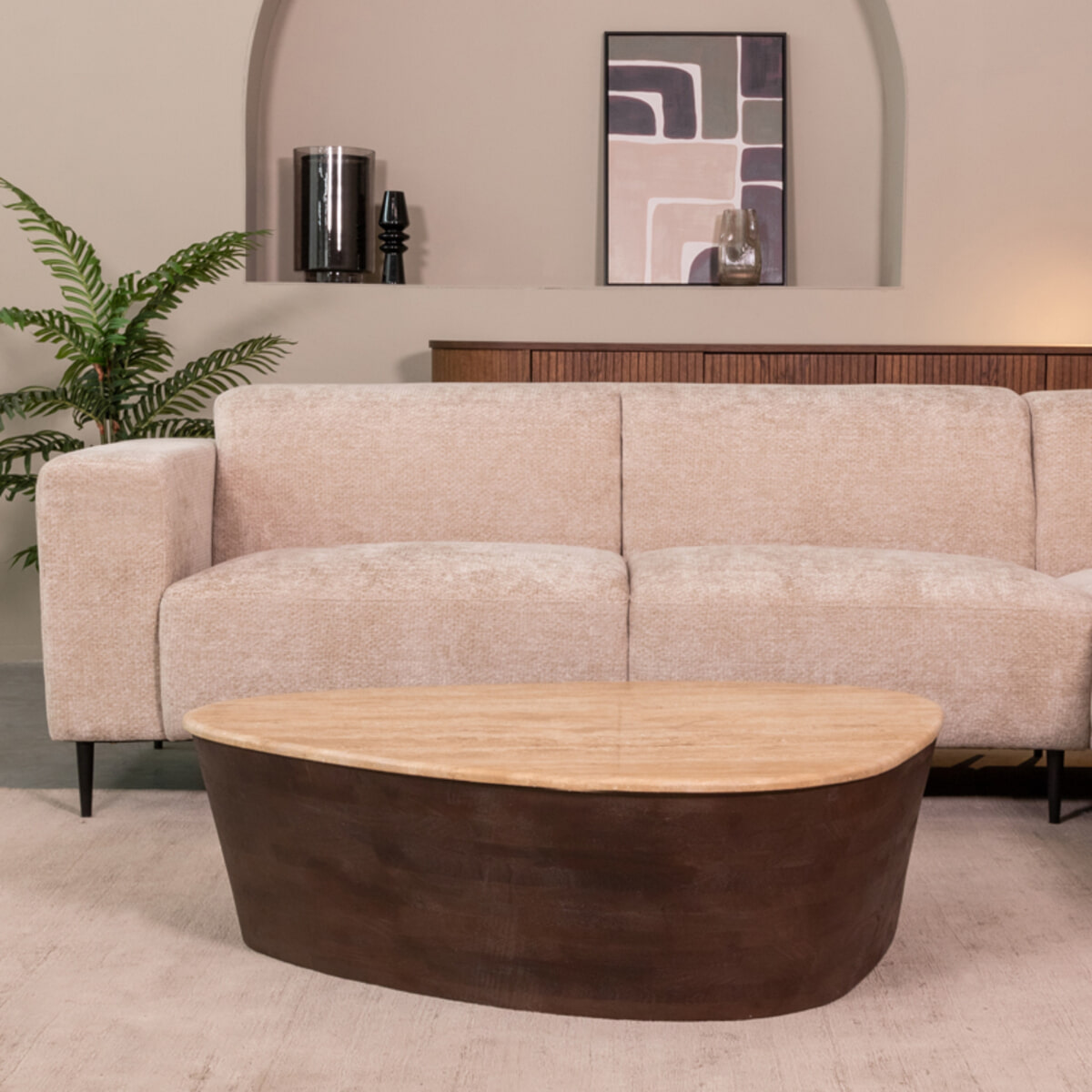 LABEL51 Organische Salontafel Ravi Travertin en hout