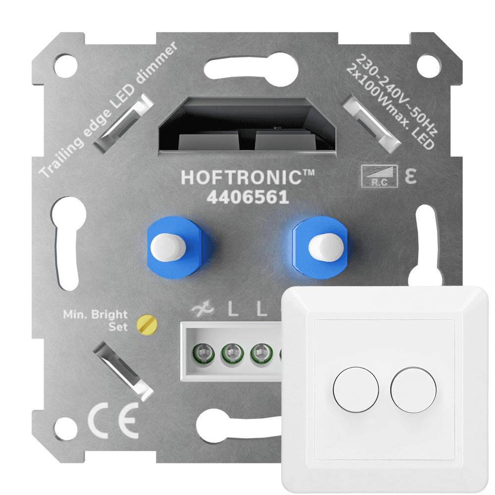 LED Duo Dimmer Inbouw - 2x 0-100 Watt - Geschikt voor fase afsnijding - Trailing edge - Incl. wit frame en druk/draaiknop | HOFTRONIC