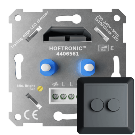 LED Duo Dimmer Inbouw - 2x 0-100 Watt - Geschikt voor fase afsnijding - Trailing edge - Incl. zwart frame en druk/draaiknop | HOFTRONIC