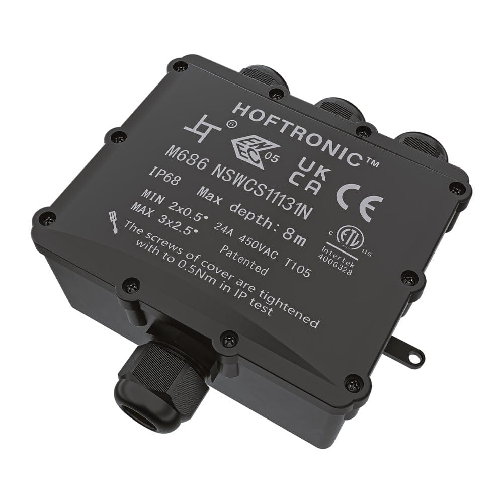 Lasdoos IP68 Waterdicht - 164x152x60mm - 4 ingangen - voor 2 en 3 aderige kabels (4-18mm) - Geschikt voor YMVK kabels | HOFTRONIC