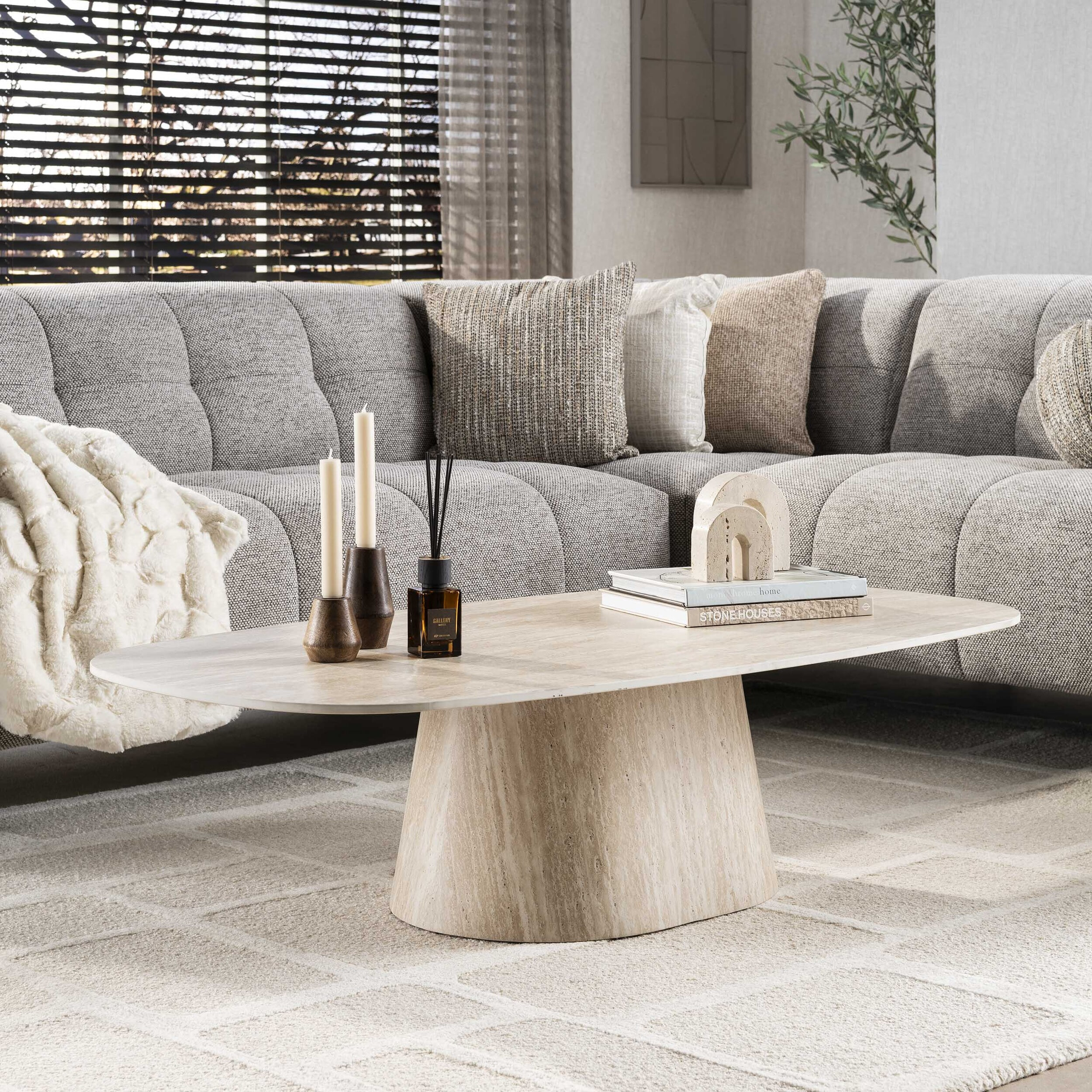 LifestyleFurn Deens Ovale Salontafel Indar Keramiek in Travertinlook