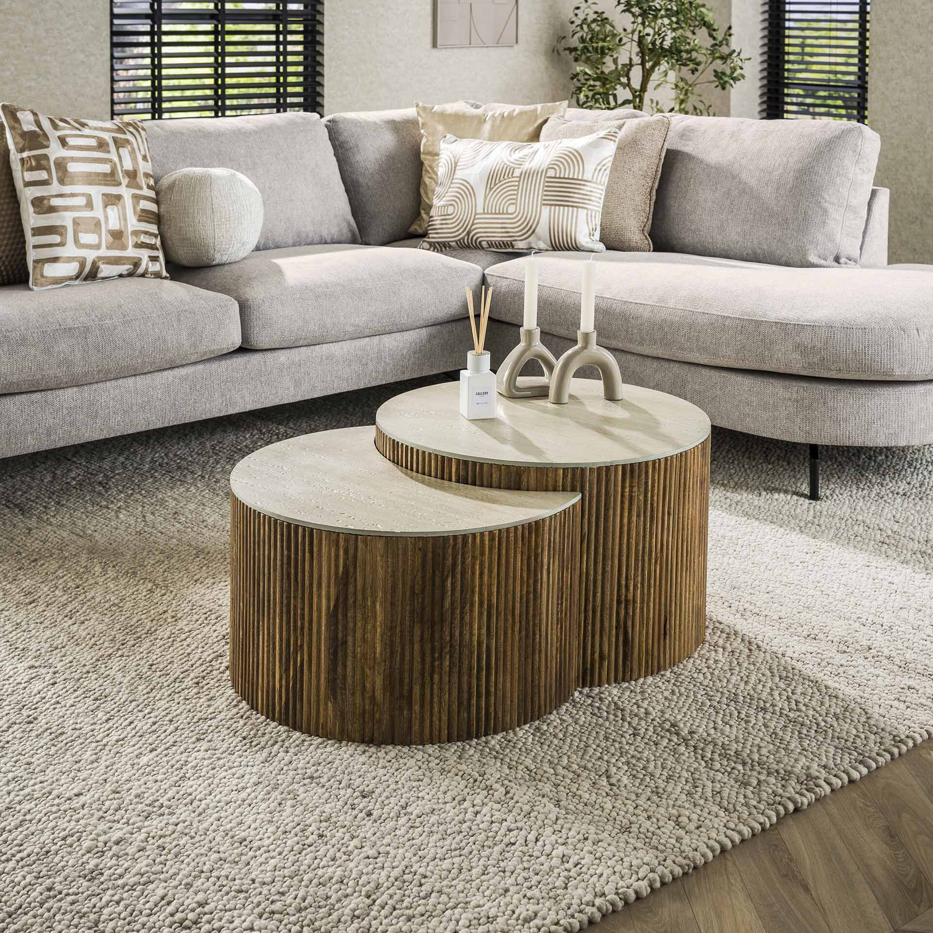 LifestyleFurn Halfronde Salontafel Beckie Mangohout en Keramiek in Travertin-look