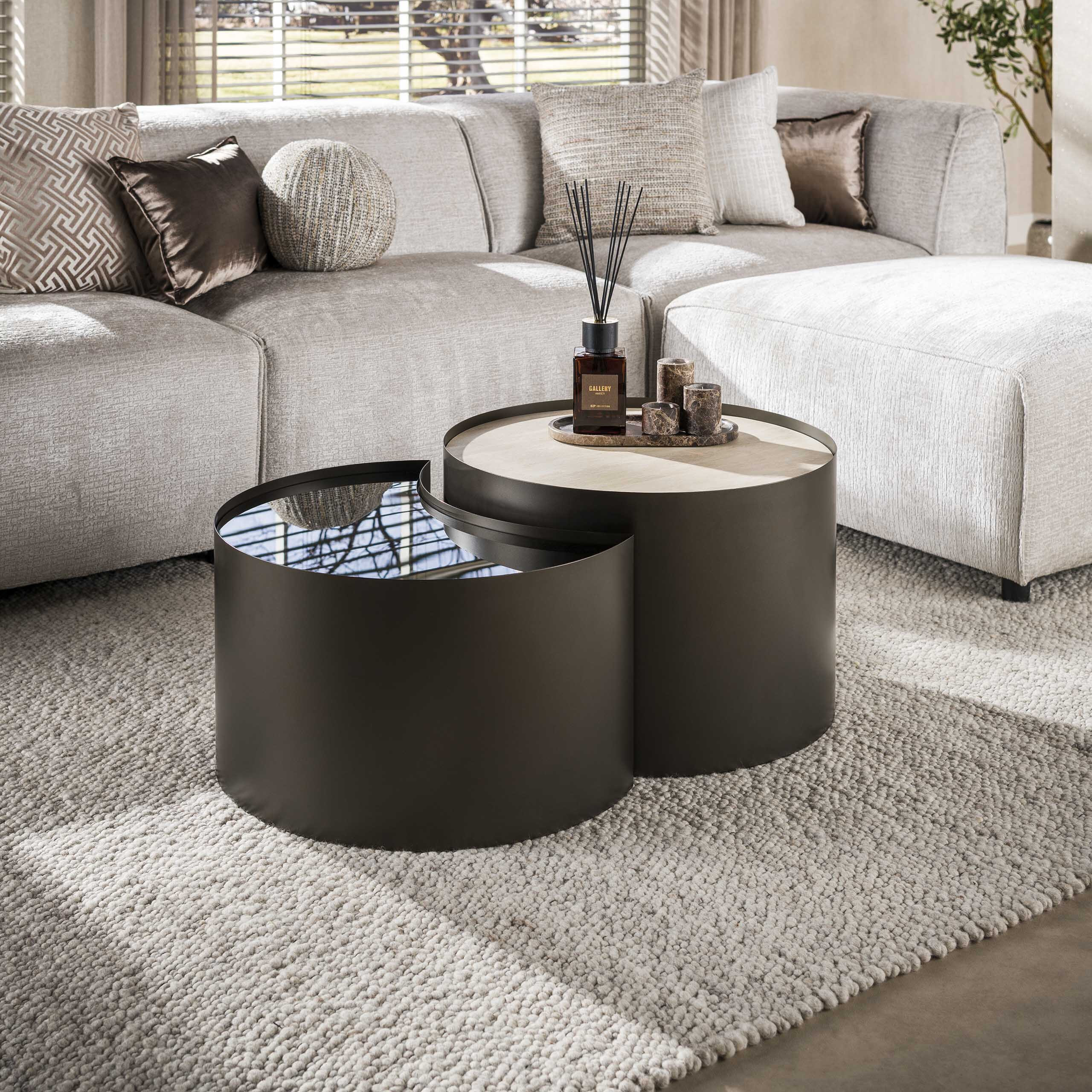 LifestyleFurn (Half)ronde Salontafel Kaity Keramiek in Travertinlook en bruin glas