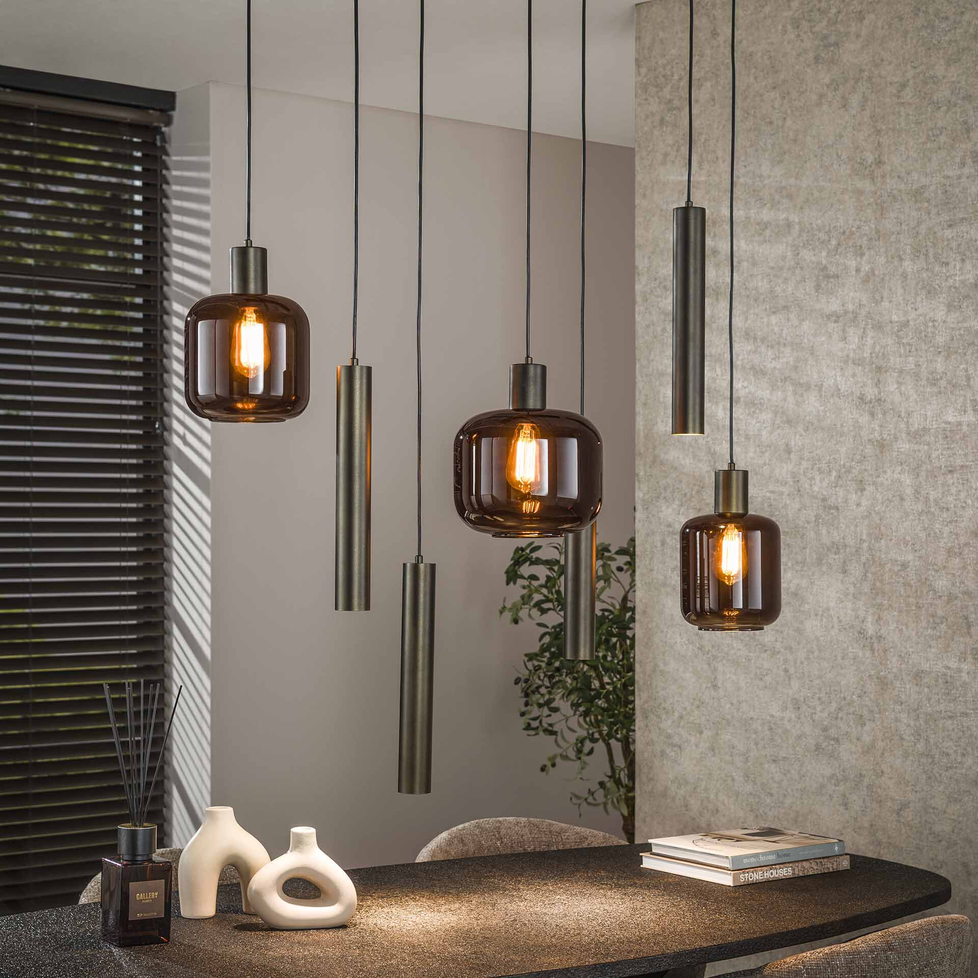 LifestyleFurn Hanglamp Gill 4+3-lamps - Sienna brown | LifestyleFurn