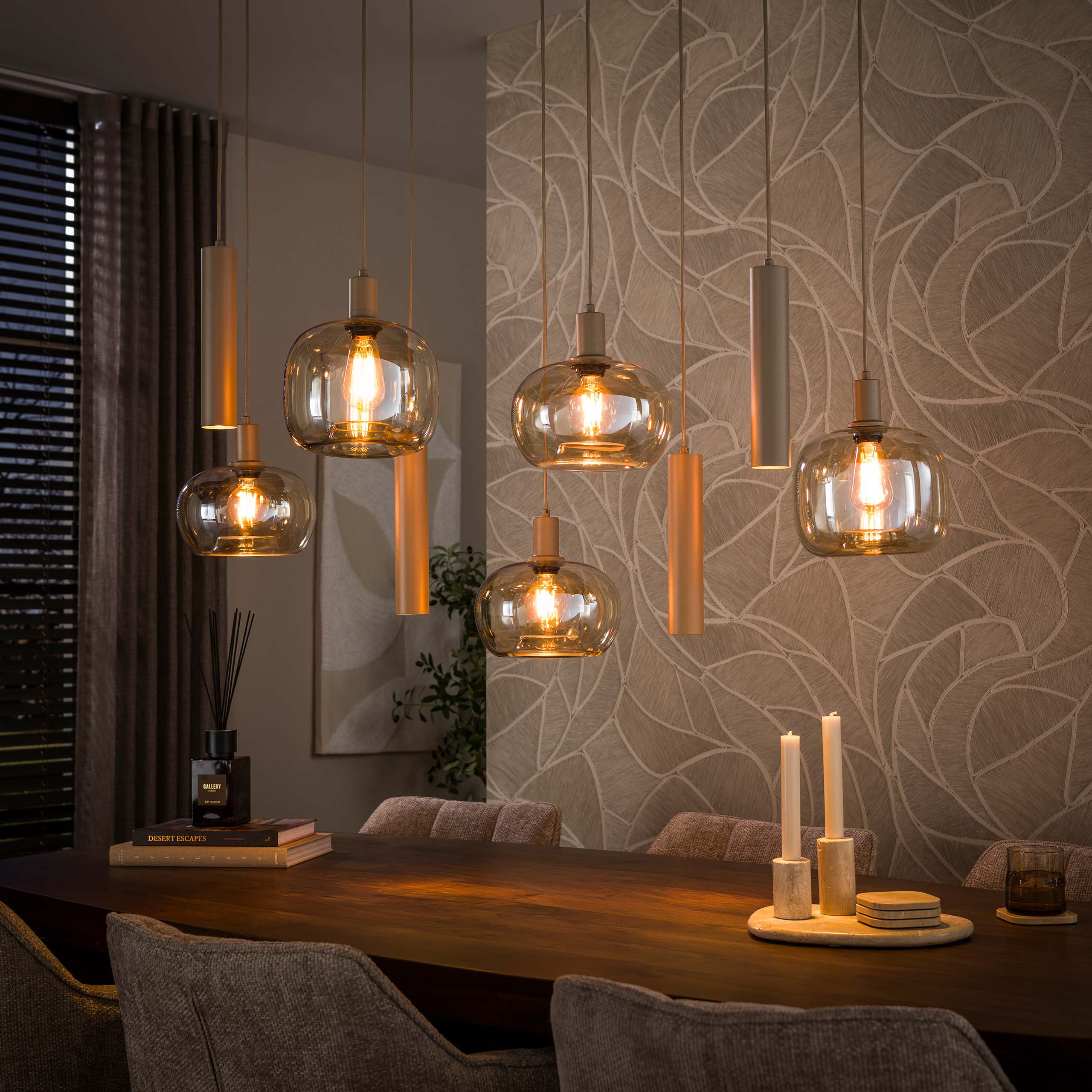 LifestyleFurn Hanglamp Landis 5+4-lamps - Amber/Beige | LifestyleFurn