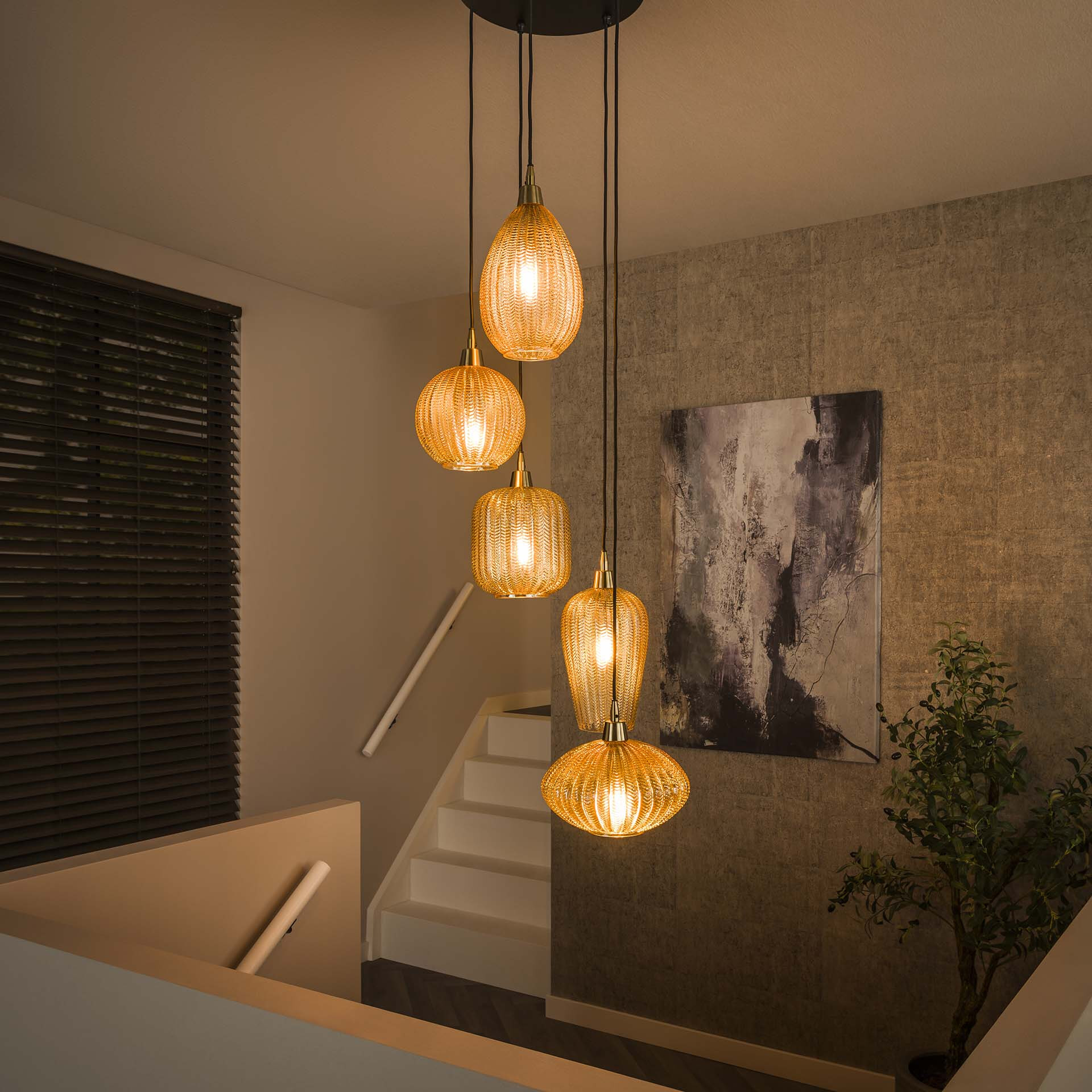 LifestyleFurn Hanglamp /Videlamp Dayn 5-lamps glas - Amber | LifestyleFurn