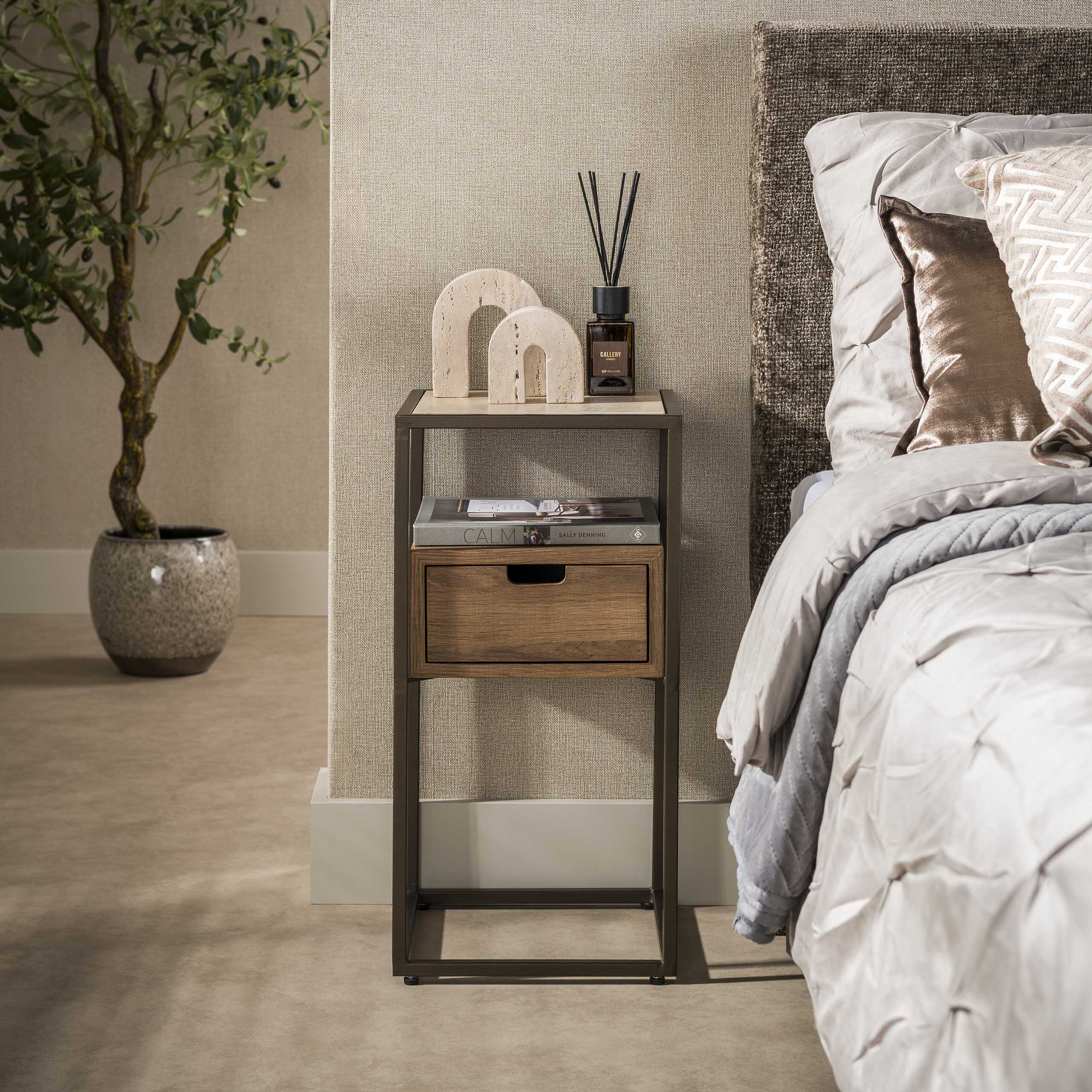 LifestyleFurn Nachtkastje Nikka Eikenlook en travertinlook