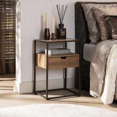 LifestyleFurn Nachtkastje Thom Travertin- en eikenlook
