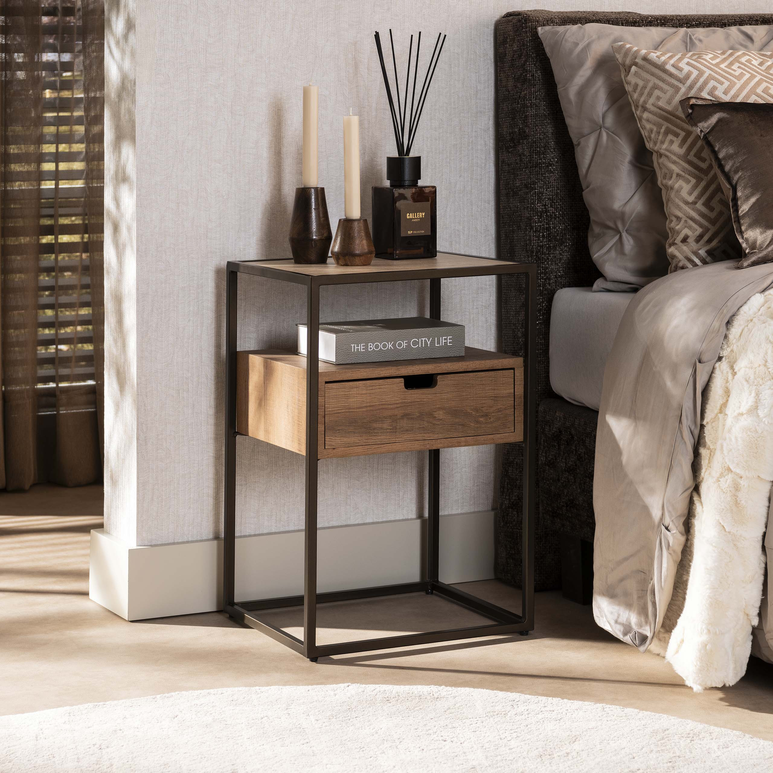 LifestyleFurn Nachtkastje Thom Travertin- en eikenlook