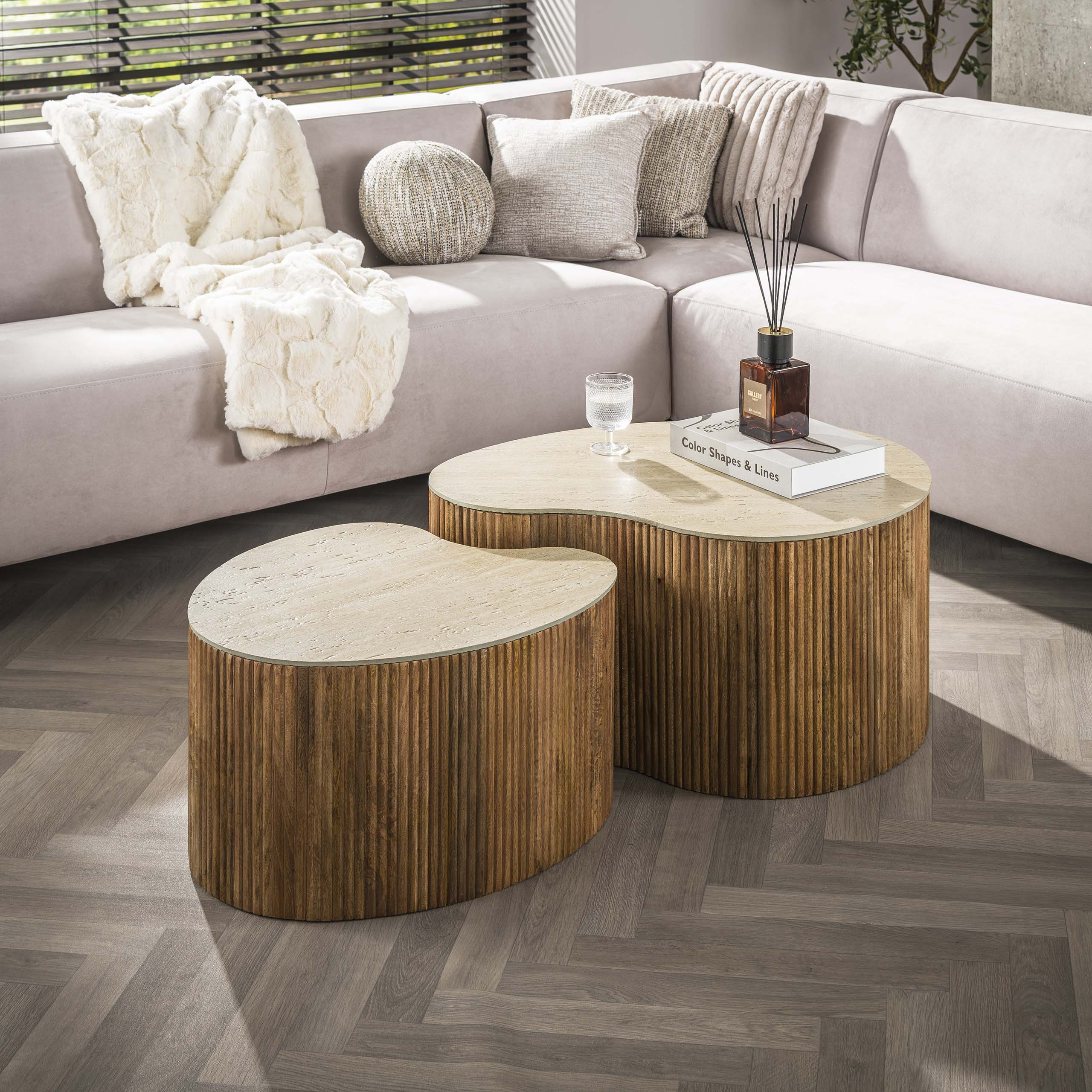 LifestyleFurn Niervormige Salontafel Beckie Mangohout en Keramiek in Travertin-look