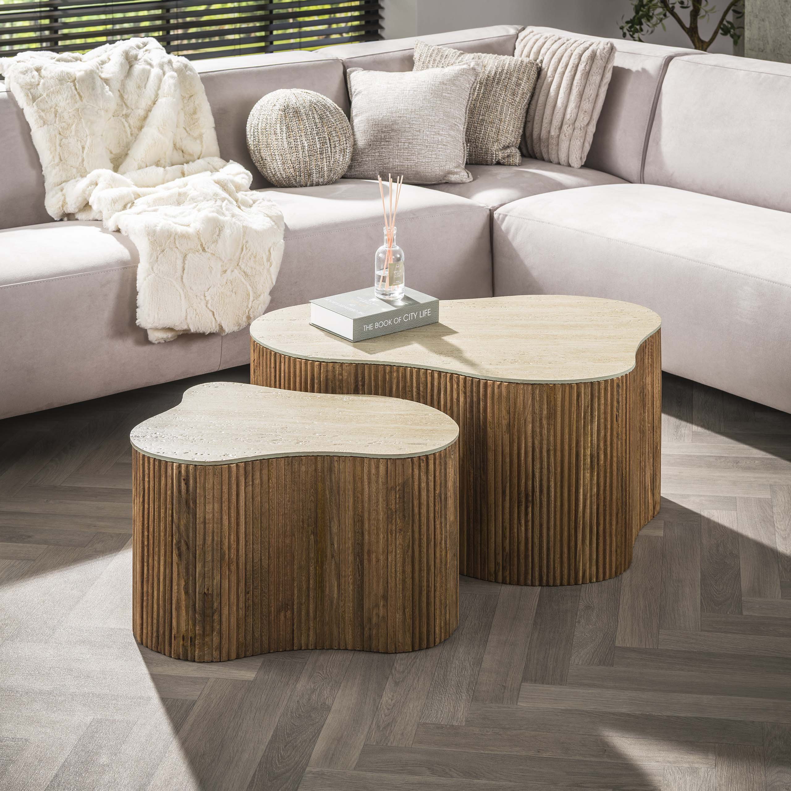 LifestyleFurn Organische Salontafel Beckie Mangohout en Keramiek in Travertin-look