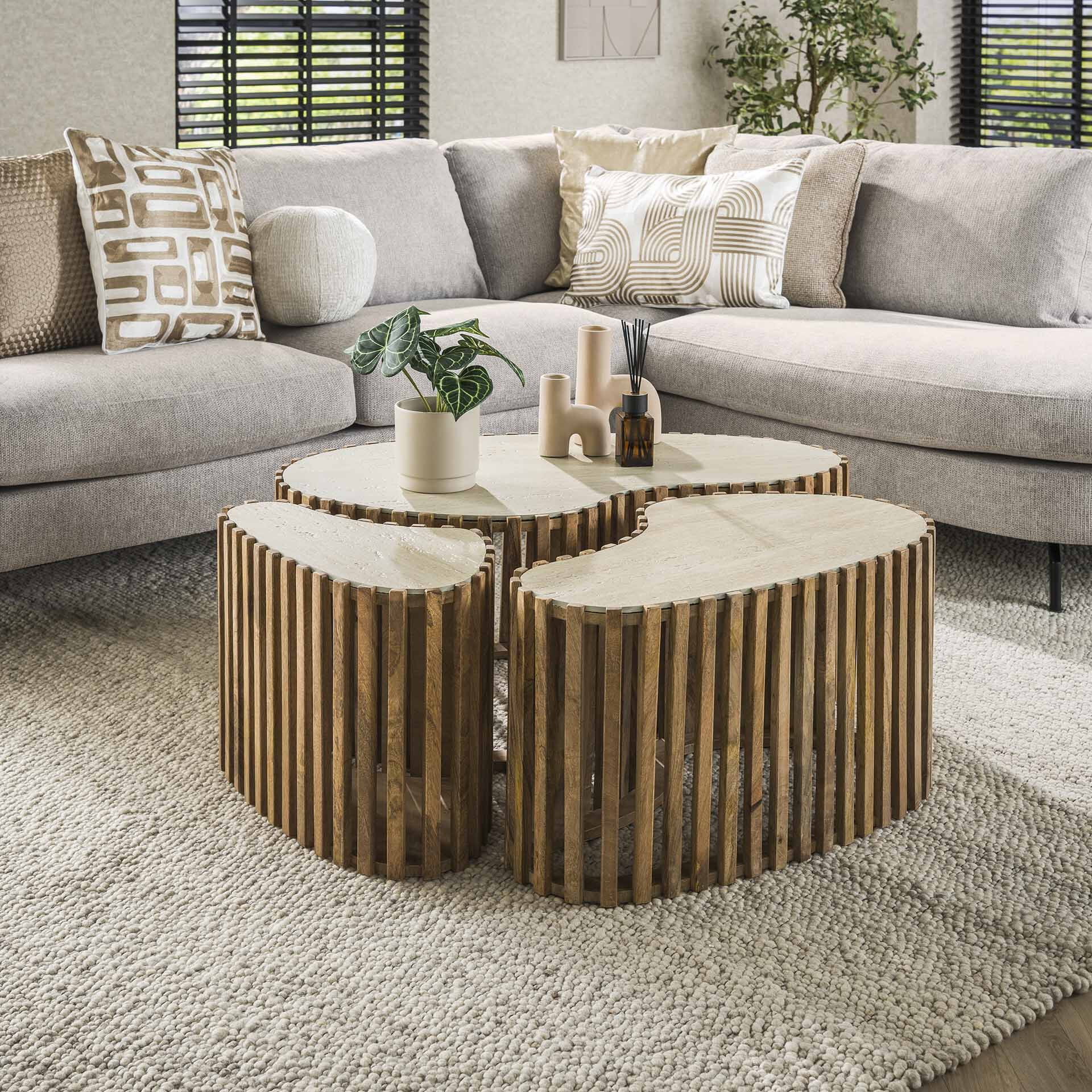 LifestyleFurn Organische Salontafel Beckie Mangohout en Keramiek in Travertin-look