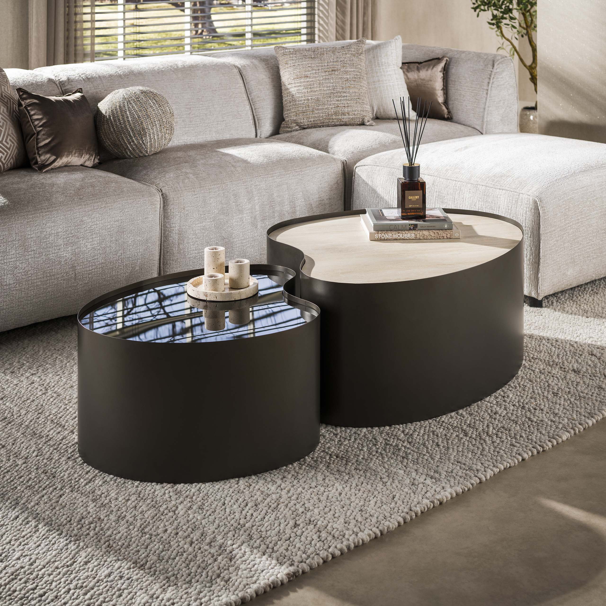 LifestyleFurn Organische Salontafel Kaity Keramiek in Travertinlook en bruin glas