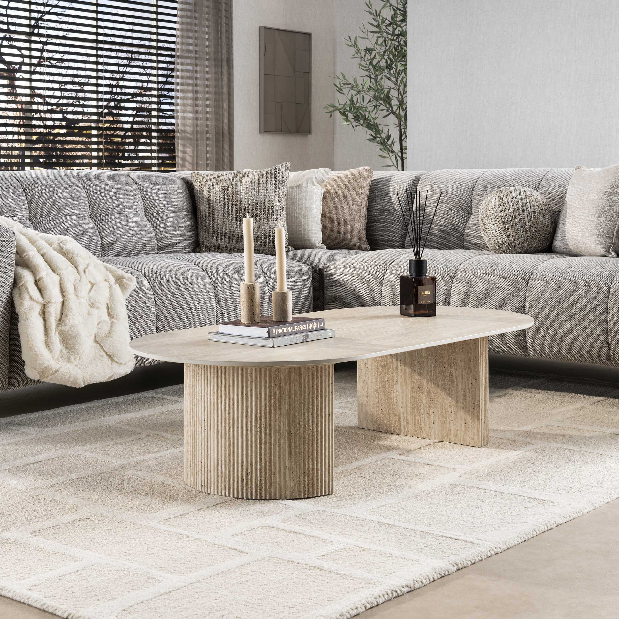 LifestyleFurn Ovale Salontafel Laycie Keramiek in Travertin-look