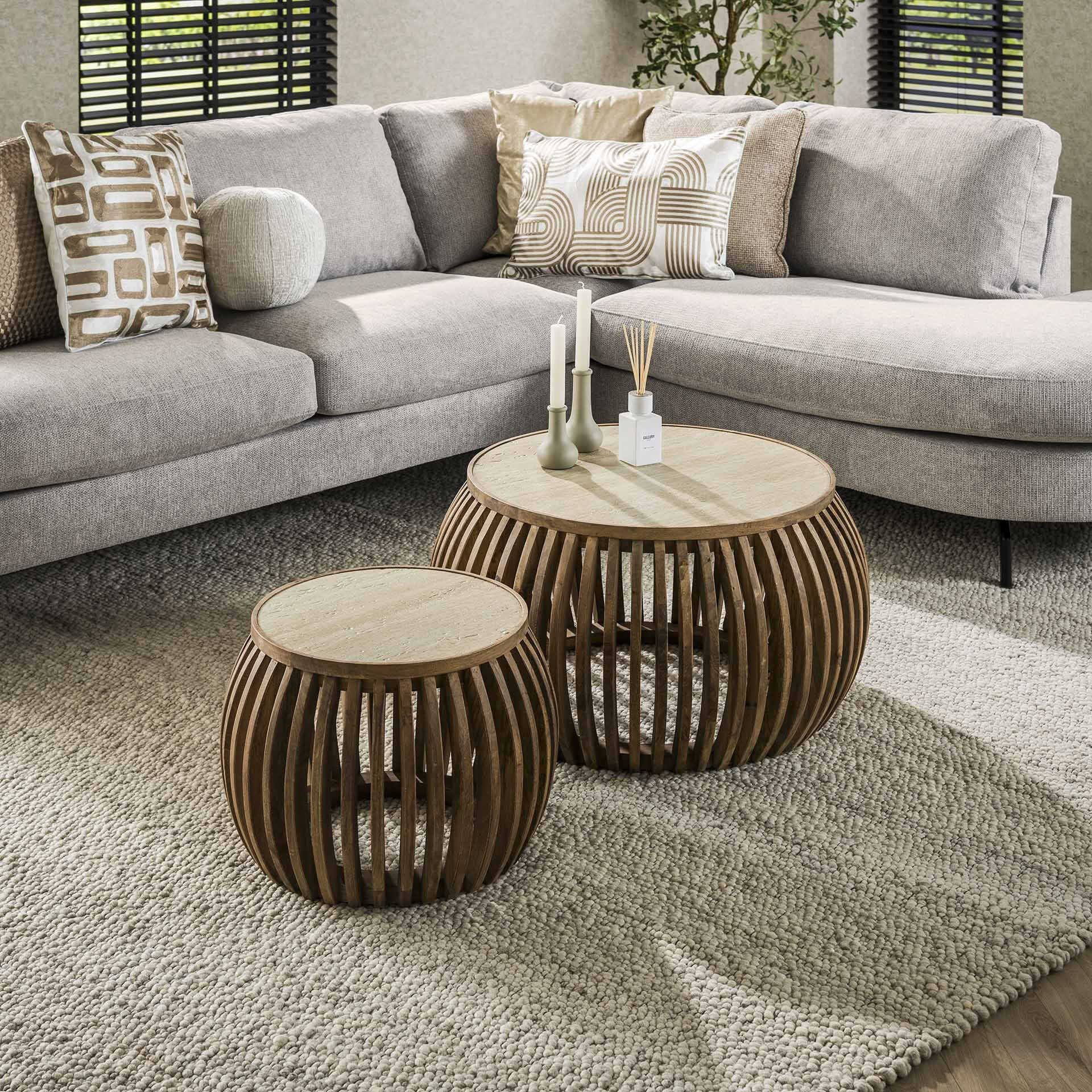 LifestyleFurn Ronde Salontafel Beckie Mangohout en travertinlook