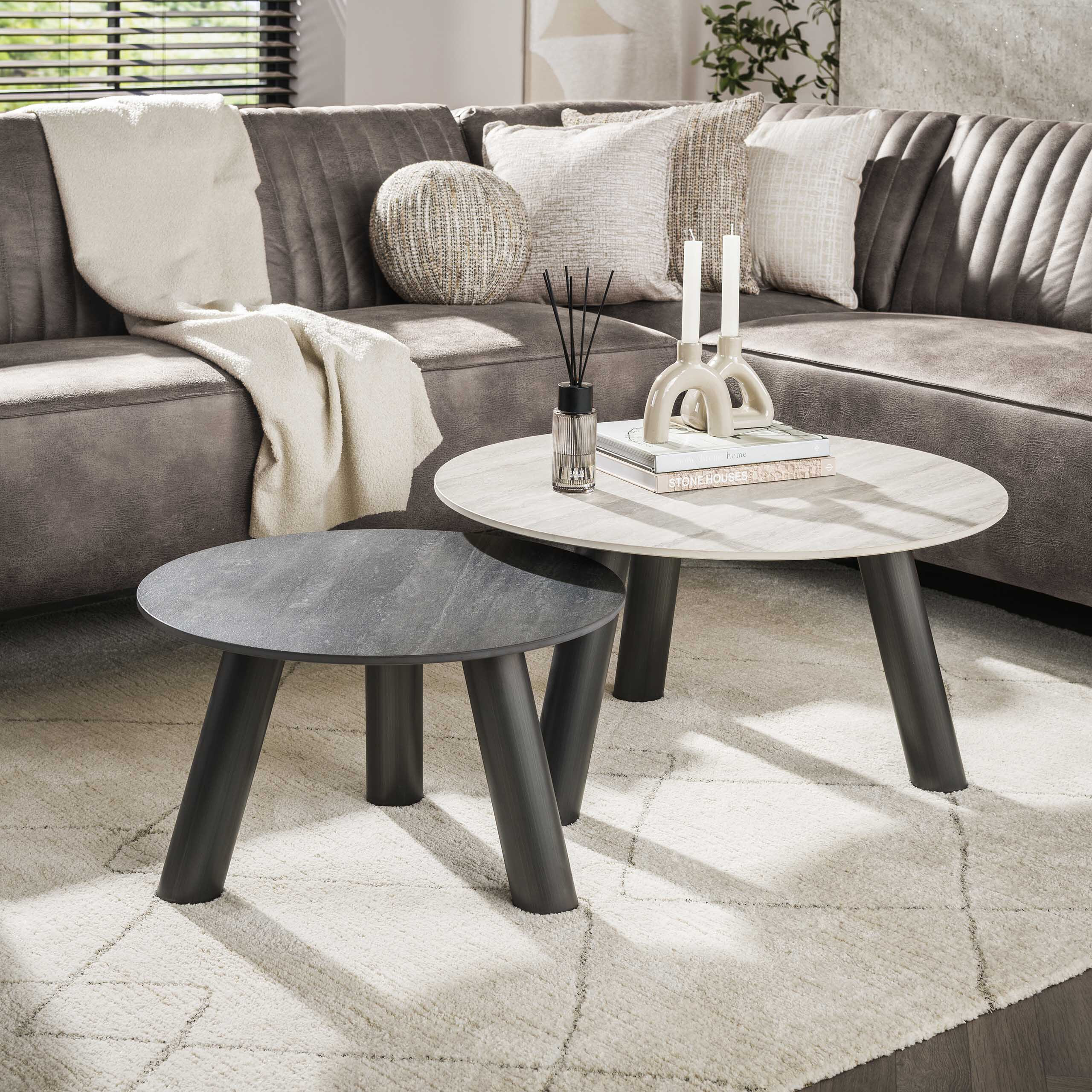 LifestyleFurn Ronde Salontafel Dallen Keramiek met travertinlook