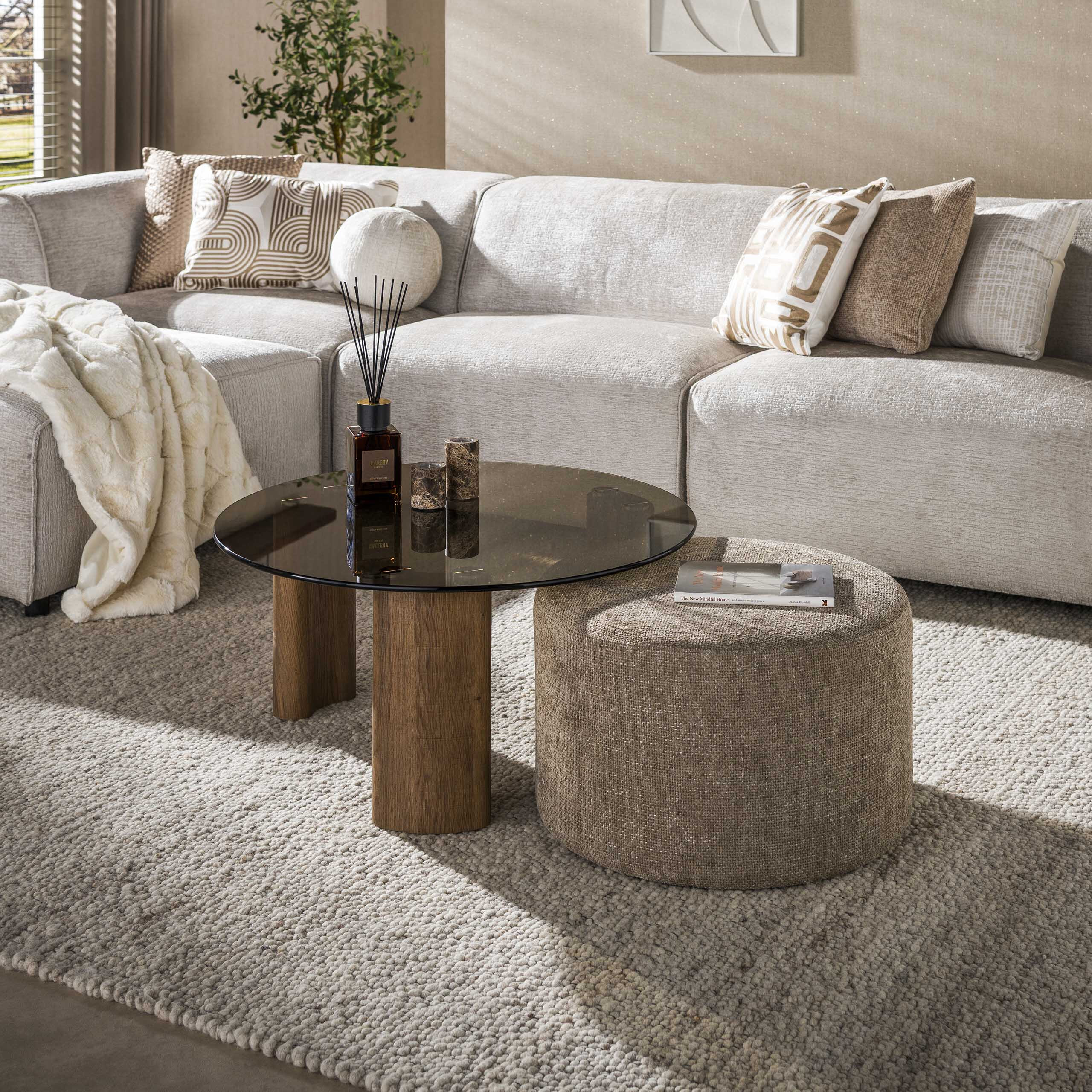 LifestyleFurn Ronde Salontafel Kely Brons glas en chenille poef - Bruin | LifestyleFurn